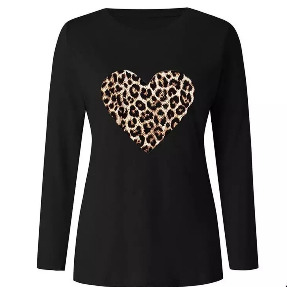 BLACK LONG SLEEVE LEOPARD HEART TEE - Picture 3 of 4